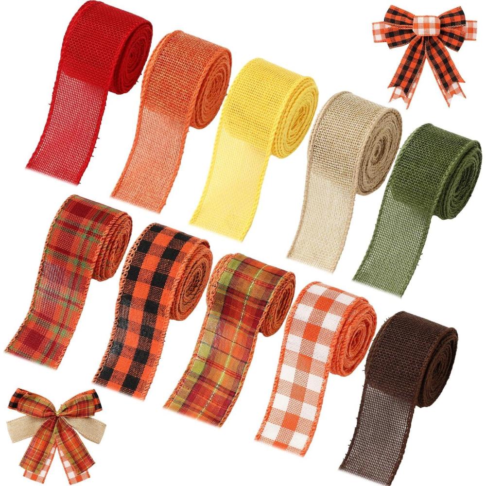 imageWhaline 10 Rolls 50 Yard Fall Plaid Burlap Ribbon 1 Inch Decorative Wrapping Ribbon for Autumn Thanksgiving DIY Crafts Bow Wreath Making Supplies15 Inch