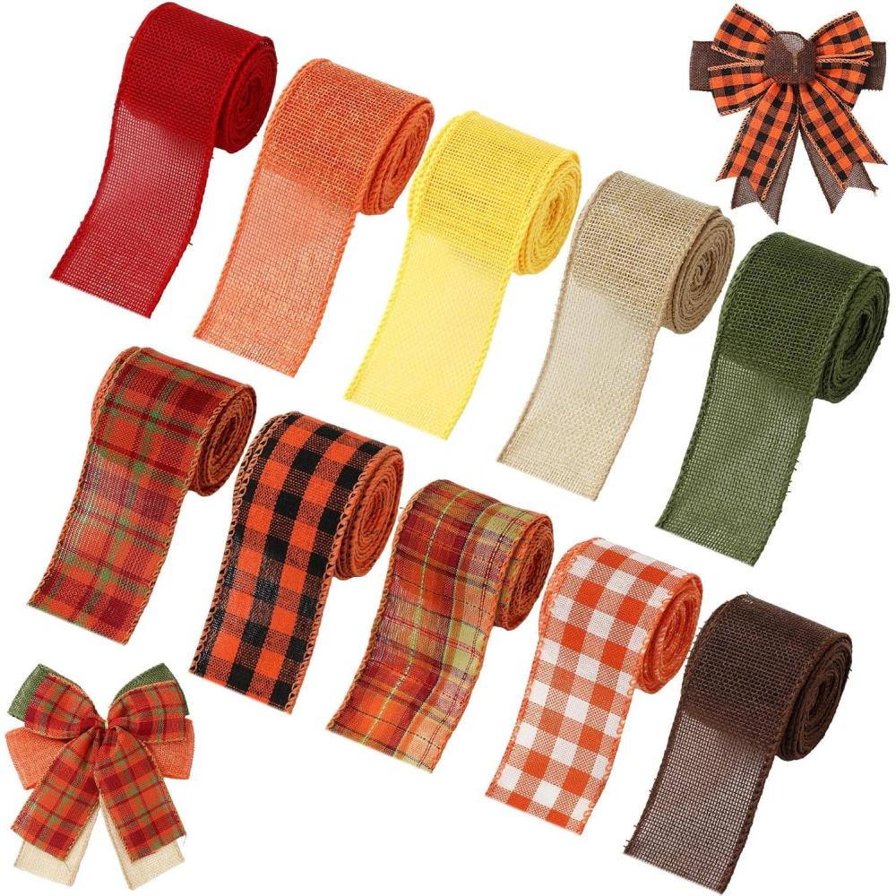 imageWhaline 10 Rolls 50 Yard Fall Plaid Burlap Ribbon 1 Inch Decorative Wrapping Ribbon for Autumn Thanksgiving DIY Crafts Bow Wreath Making Supplies2 Inch