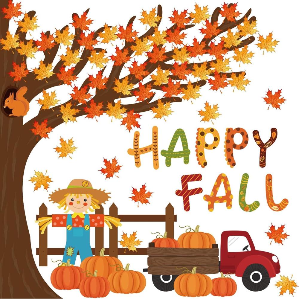 imageWhaline 100Pcs Happy Fall Bulletin Board Decorations Fall Tree Maple Leaf Pumpkin Scarecrow Cutouts Thanksgiving Autumn Classroom Decor with Glue Points for Home School Chalkboard Wall Decor
