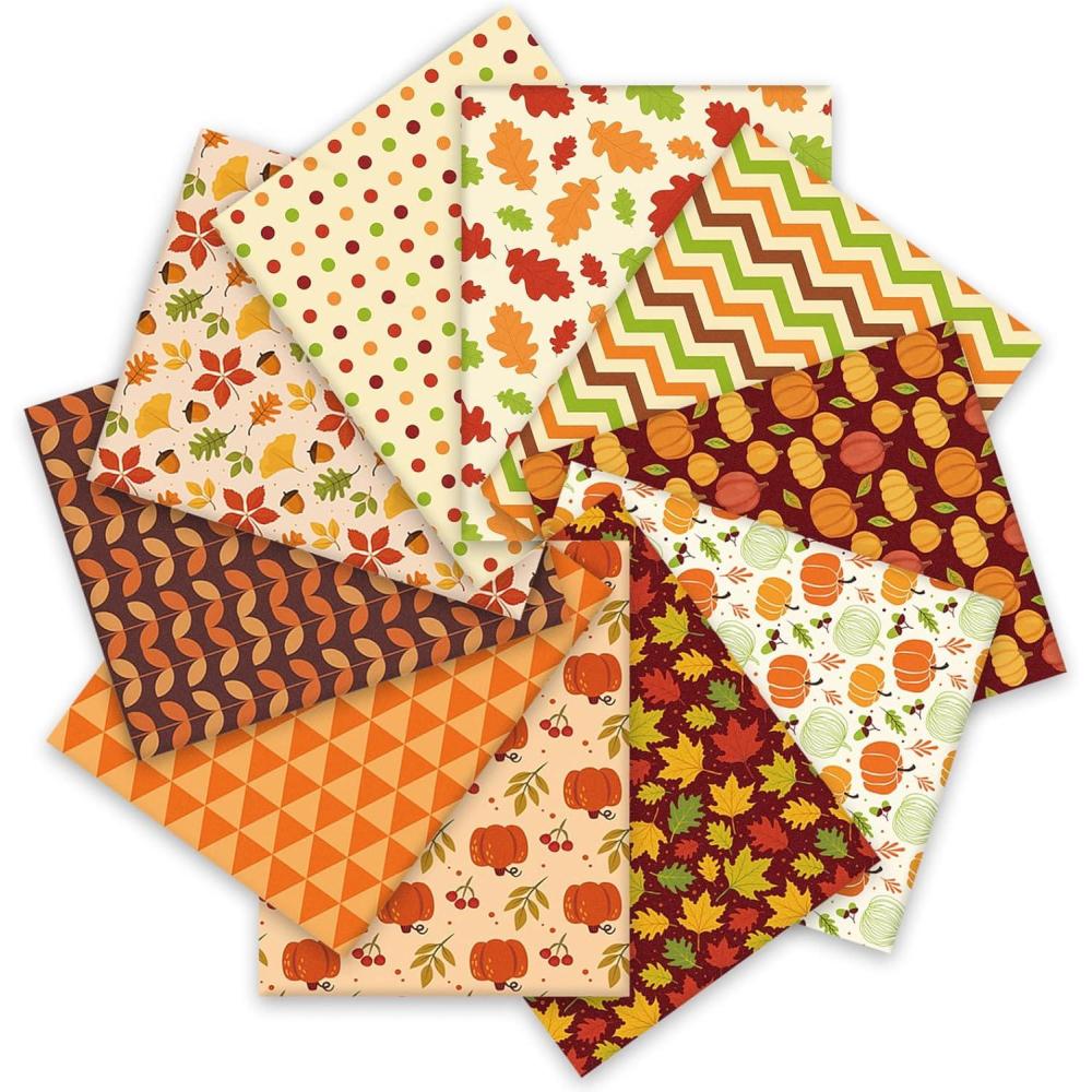 imageWhaline 10Pcs Fall Cotton Fabric Bundles 18 x 22 Inch Fall Leaves Pumpkin Wave Dot Fat Quarters Autumn Quilting Patchwork Squares Sewing Fabrics for Fall Thanksgiving DIY Handmade Craft Party Decor10 x 10 inch