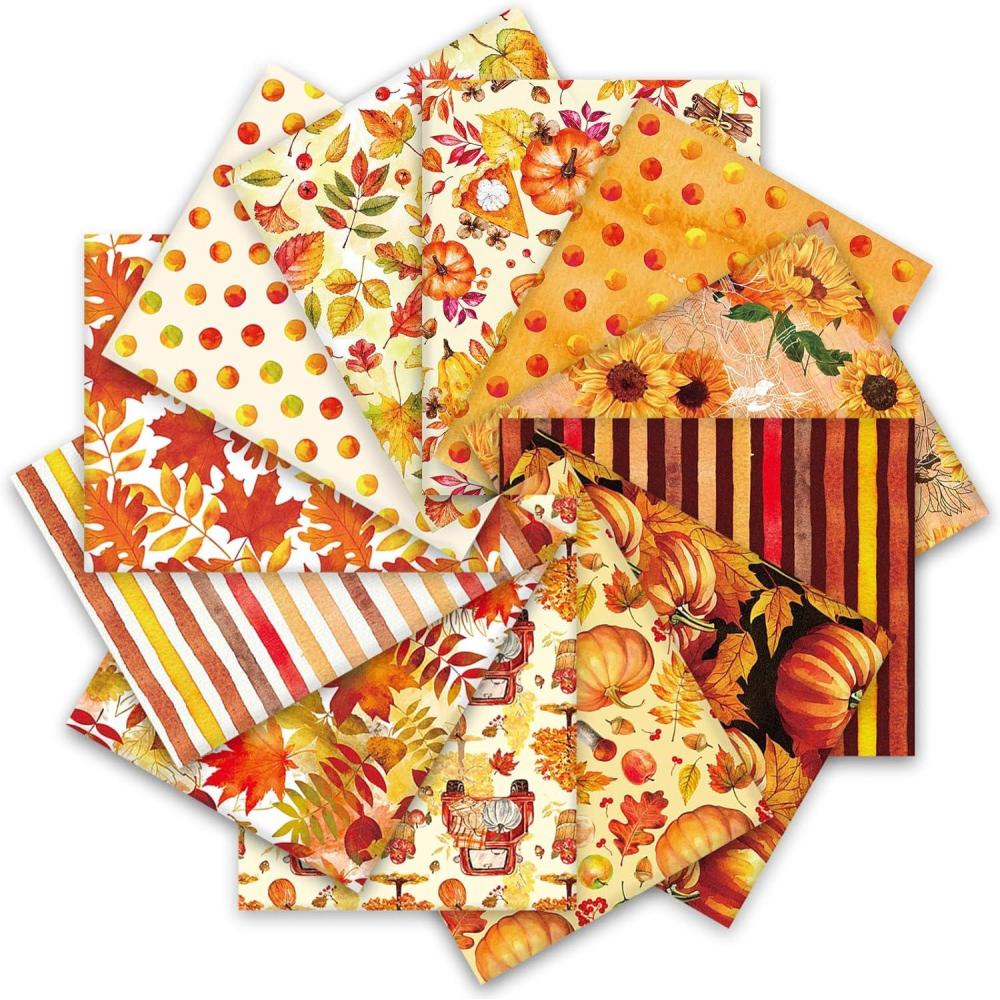 imageWhaline 12Pcs Fall Cotton Fabric Bundles 18 x 22 Inch Watercolor Pumpkin Maple Sunflower Fat Quarters Autumn Quilting Patchwork Squares Sewing Fabrics for Fall Thanksgiving DIY Craft Party Decor