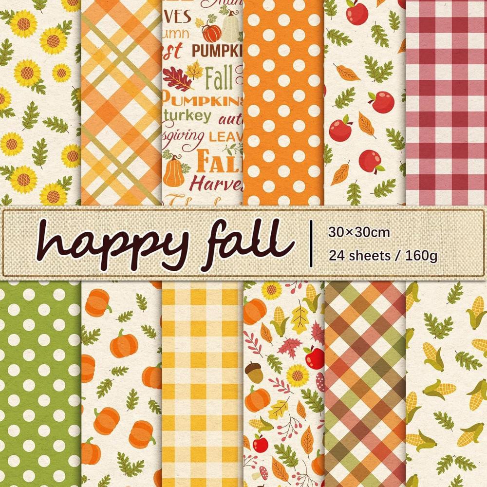 imageWhaline 24Pcs Fall Pattern Paper Autumn Leaves Pumpkin Plaid Waves Scrapbook Colorful Double Sided Decorative DIY Art Craft Paper For Card Making Scrapbook Photo Album Decor 118 x 118 Inch