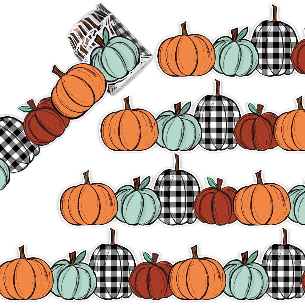 imageWhaline 328ft Fall Bulletin Board Borders Red Orange Plaid Pumpkin DieCut Border Trim for Autumn Thanksgiving School Classroom Office Chalkboard Decoration