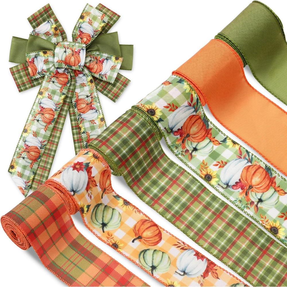 imageWhaline 6 Rolls Thanksgiving Fall Wired Edge Ribbon Blue Orange Pumpkin Plaid Craft Ribbon Decorative Fabric Ribbons for Autumn Thanksgiving DIY Crafts 25In x 90FtGreen