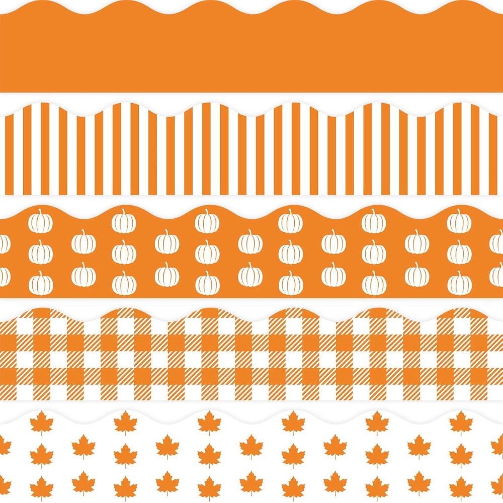 imageWhaline 69Ft Fall Bulletin Board Border Orange Autumn Thanksgiving Borders 60Pcs Pumpkin Maple Leaves Plaids Stripes Blackboard Border Sticker Border Trim for Harvest Classroom Chalkboard Decoration