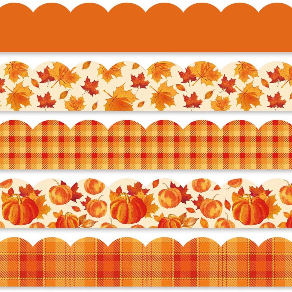 imageWhaline 69Ft Fall Bulletin Board Borders Watercolor Pumpkin Maple Leaf Decoration Borders Orange Plaid Trim Border Bulletin Board Stickers for Autumn Harvest Thanksgiving Classroom Office Decor