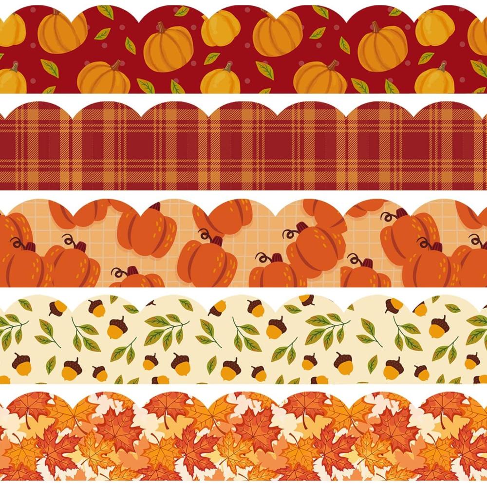 imageWhaline 69Ft Fall Thanksgiving Bulletin Board Borders 5 Design Maple Leaf Pumpkin Plaid Trim Board Borders SelfAdhesive Autumn Decoration Borders for School Classroom Office Party Decoration 60Pcs
