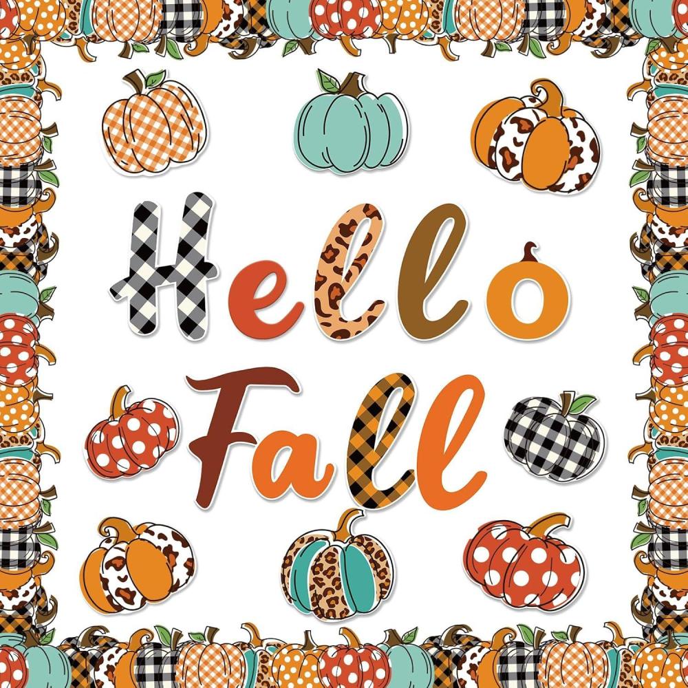 imageWhaline 83Pcs Hello Fall Bulletin Board Kit Pumpkin Bulletin Board Set Plaid Leopard Pumpkin Decoration Border Cutout with Glue Points for Fall Harvest Thanksgiving Classroom Office Home Decor
