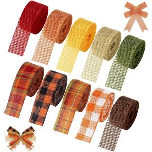 Whaline 10 Rolls 50 Yard Fall Plaid Burlap Ribbon 1 Inch Decorative Wrapping Ribbon for Autumn Thanksgiving DIY Crafts Bow Wreath Making Supplies(1 Inch)