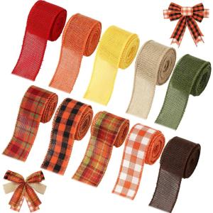 Whaline 10 Rolls 50 Yard Fall Plaid Burlap Ribbon 1 Inch Decorative Wrapping Ribbon for Autumn Thanksgiving DIY Crafts Bow Wreath Making Supplies(1.5 Inch)