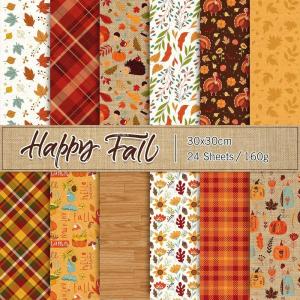Whaline 24Pcs Fall Pattern Paper 30x30cm Colorful Fall Leaves Pumpkin Plaid Double-Sided Scrapbook Specialty Paper Folded Flat for DIY Decorative Background Card Making Photo Album Junk Journal Decor