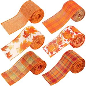 Whaline 6 Rolls Fall Thanksgiving Burlap Ribbon 30 Yard Orange Plaid Autumn Harvest Ribbon Pumpkin Fall Leaves Wired Edge Wrapping Ribbons for Holiday Wreath Bows Gift Wrapping Craft Decor, 2.5In