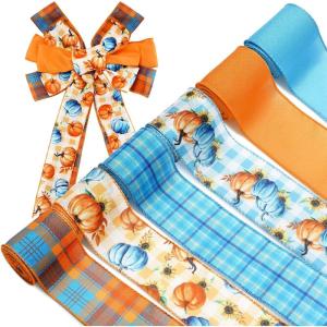 Whaline 6 Rolls Thanksgiving Fall Wired Edge Ribbon Blue Orange Pumpkin Plaid Craft Ribbon Decorative Fabric Ribbons for Autumn Thanksgiving DIY Crafts, 2.5In x 90Ft(Blue)