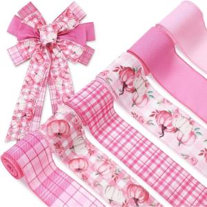Whaline 6 Rolls Thanksgiving Fall Wired Edge Ribbon Blue Orange Pumpkin Plaid Craft Ribbon Decorative Fabric Ribbons for Autumn Thanksgiving DIY Crafts, 2.5In x 90Ft(Pink)