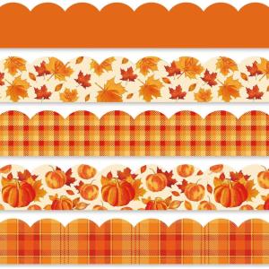 Whaline 69Ft Fall Bulletin Board Borders Watercolor Pumpkin Maple Leaf Decoration Borders Orange Plaid Trim Border Bulletin Board Stickers for Autumn Harvest Thanksgiving Classroom Office Decor