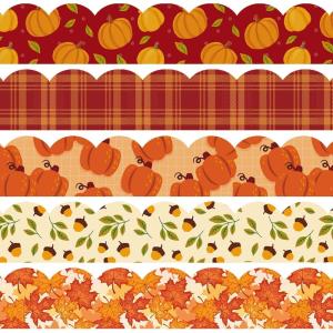 Whaline 69Ft Fall Thanksgiving Bulletin Board Borders 5 Design Maple Leaf Pumpkin Plaid Trim Board Borders Self-Adhesive Autumn Decoration Borders for School Classroom Office Party Decoration, 60Pcs