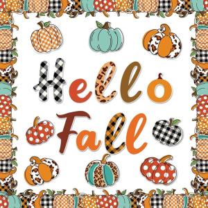 Whaline 83Pcs Hello Fall Bulletin Board Kit Pumpkin Bulletin Board Set Plaid Leopard Pumpkin Decoration Border Cutout with Glue Points for Fall Harvest Thanksgiving Classroom Office Home Decor