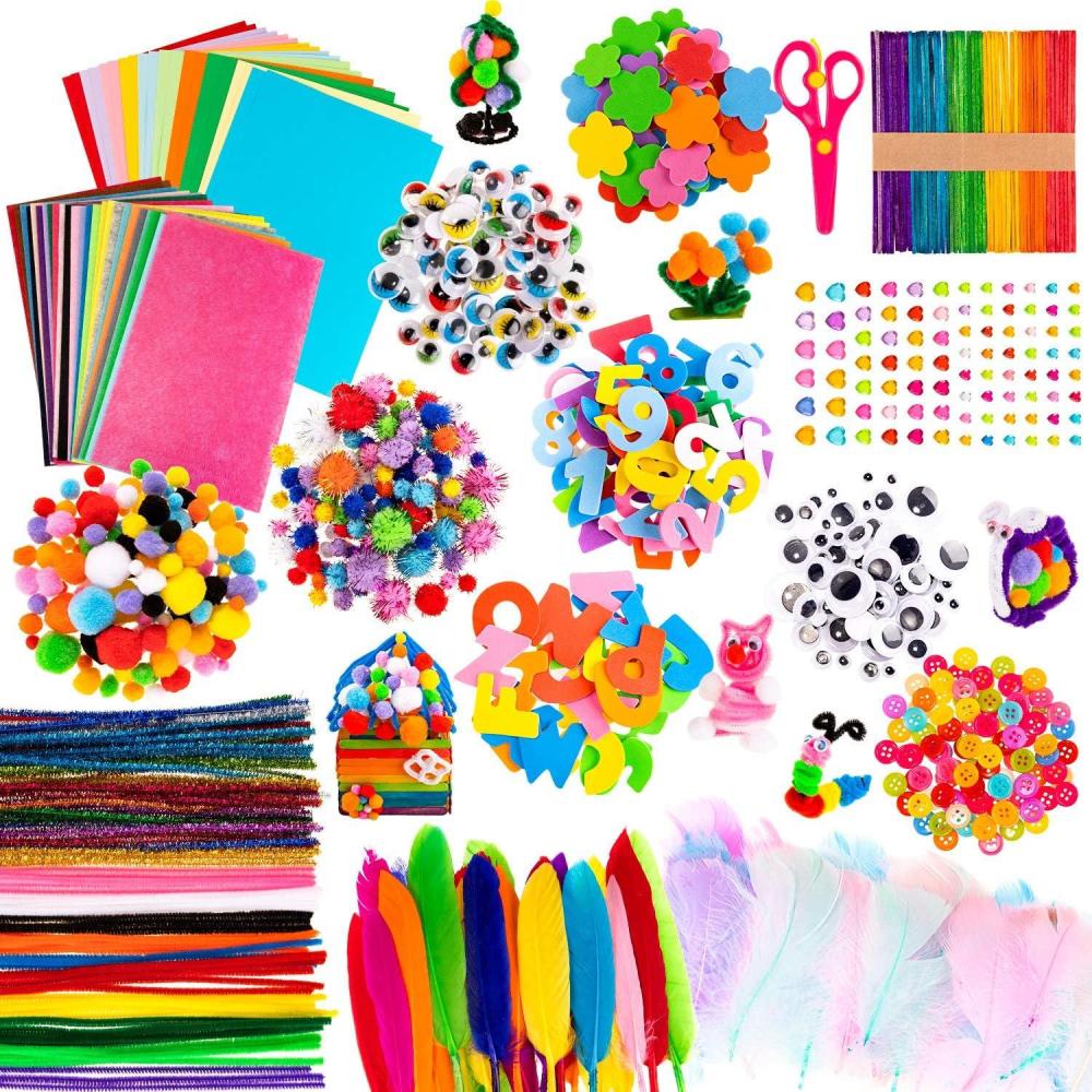 image:imageWhaline 1050 PCS Art Craft Kit Supplies 17 Styles Pipe Cleaners Pompoms Wiggle Googly Eyes Foam Flowers Letters Construction Papers Safety Scissors Sticks Heart Stickers Feather Felt Cloth Button